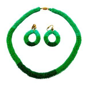 Stacked Disc Beaded Necklace Clip Earrings Hong Kong Green Acrylic Flower 1960s